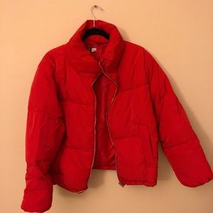 red puffer jacket
